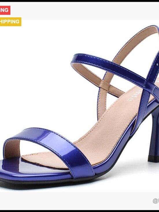 Shoes - Strappy Heeled Sandals with Kitten Heel, Square Open Toe, Ankle Strap